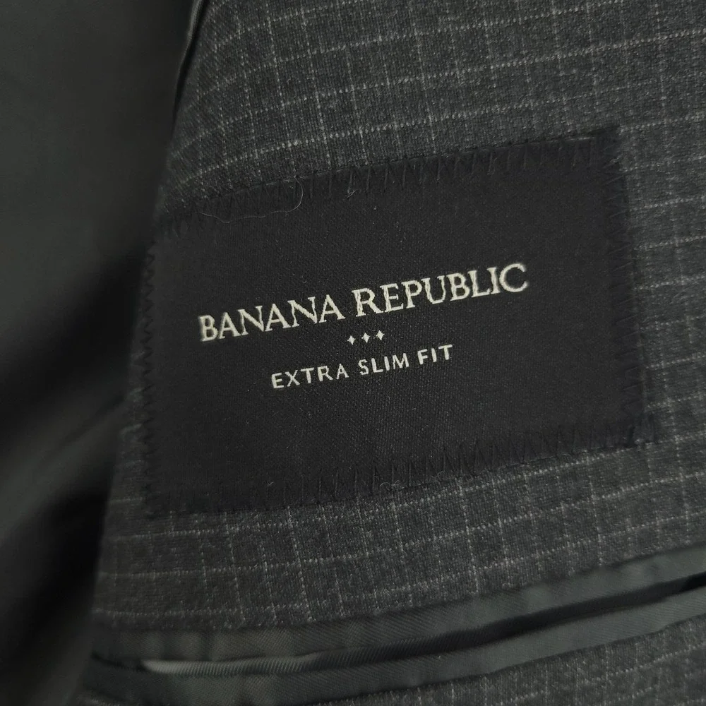 Banana Republic Suit Jacket Mens 36 Gray Check Extra Slim Fit Stretch Blazer